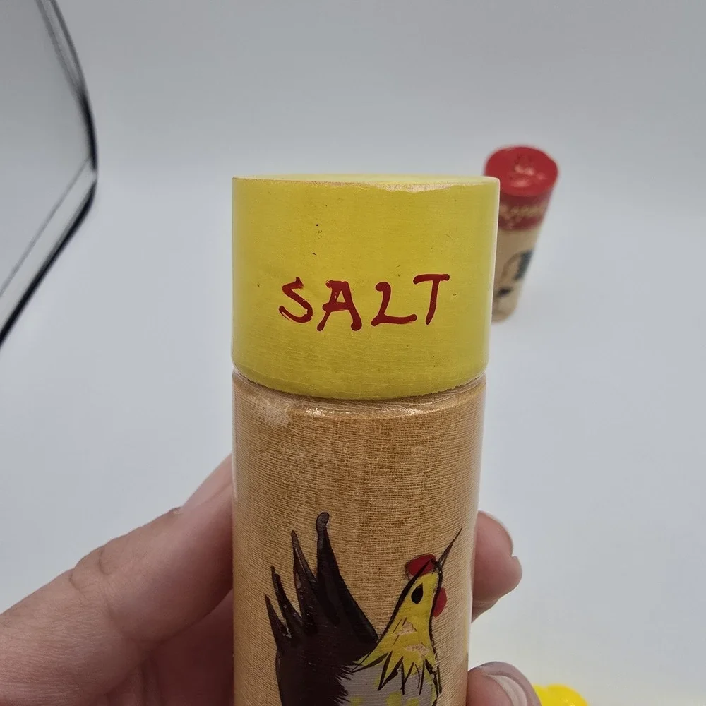 Vintage Salt & Pepper Shakers Red Yellow Wood Cylindrical with Chicken Design